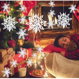 24PCS Snowflake Christmas Decorations, 3D Large White Paper Snowflakes Garland Hanging Snow Flakes for Winter Wonderland Christmas Party Decorations Holiday New Year Home Decor, Antiquewhite