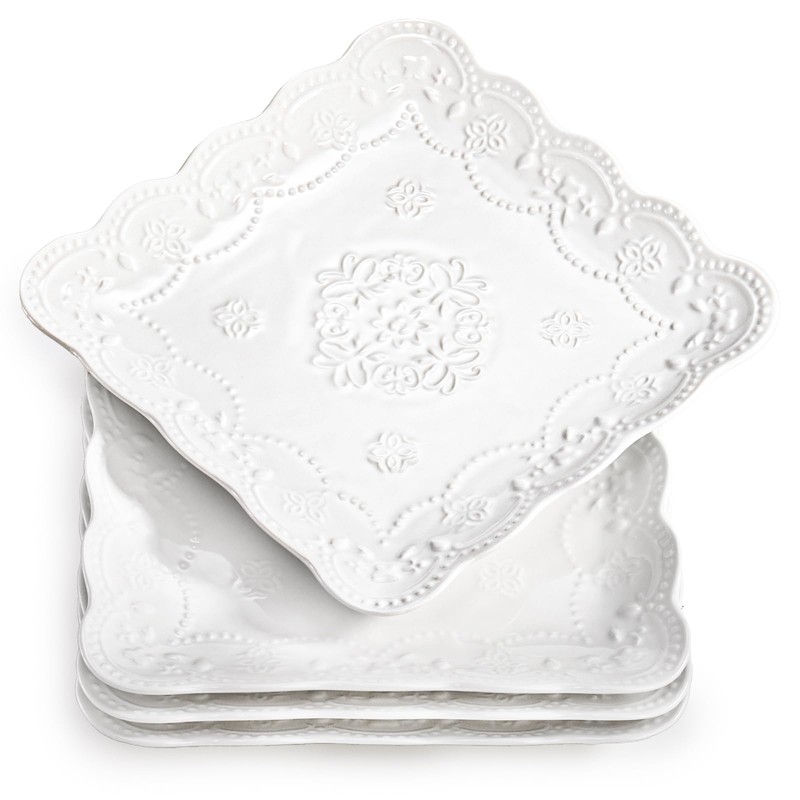 Tebery Set of 4 Square Embossed Ceramic Plate, 10 Inch