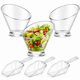 6 Pcs Clear Plastic Angled Serving Bowls and Scoops, 3 Salad Serving Bowls Candy Bowls (19 oz) and 3 Kitchen Plastic Popcorn Scoops, Candy Container for Salad Fruit Snacks Appetizer Bar Catering