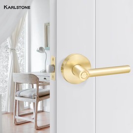Karlstone 6 Pack Privacy Lever Door Round Door Handle for Bedroom or Bathroom Adjustable Brass Latch Reversible for Right & Left Sided Doors