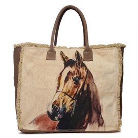 COTT N CURLS Brown Horse Large Tote Bags - 14.5" x 18.5" x 7" Canvas Tote Bag for Women with Zip Enclosure and Interior Pockets, Handcrafted Tote Bag for Office or Travel, Leather Straps