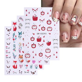 4 Sheets Cartoon Nail Stickers for Nail Art 3D Self-Adhesive Cute Pink Fox Nail Designs Colorful Flower Leaf Nail Decals Floral 5D Embossed Animal Cat Nails Supplies for Women Holiday DIY Manicure