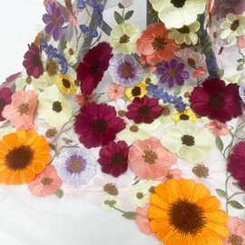 Hermosa tela de encaje multicolor con bordado de malla blanca con flores 3D de una sola cara, girasol, tela de costura para vestir, 1.5 yardas (2)