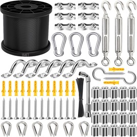 Yawuztu 164FT Black Vinyl-Coated 304 Stainless Steel Cable – Heavy Duty String Lights Hanging Kit with Turnbuckle, Thimble & Hooks for Outdoor, Patio, Garden, Christmas Lights