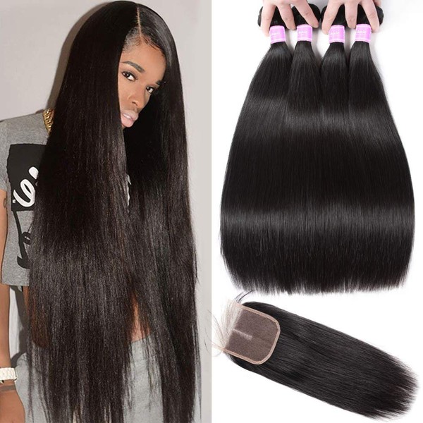 Flady 10A Straight Bundles with Closure Brazilian Remy Human Hair 4 Bundles with Closure(18 18 20 20+16) Weft Hair Extensions Human Hair Sew In