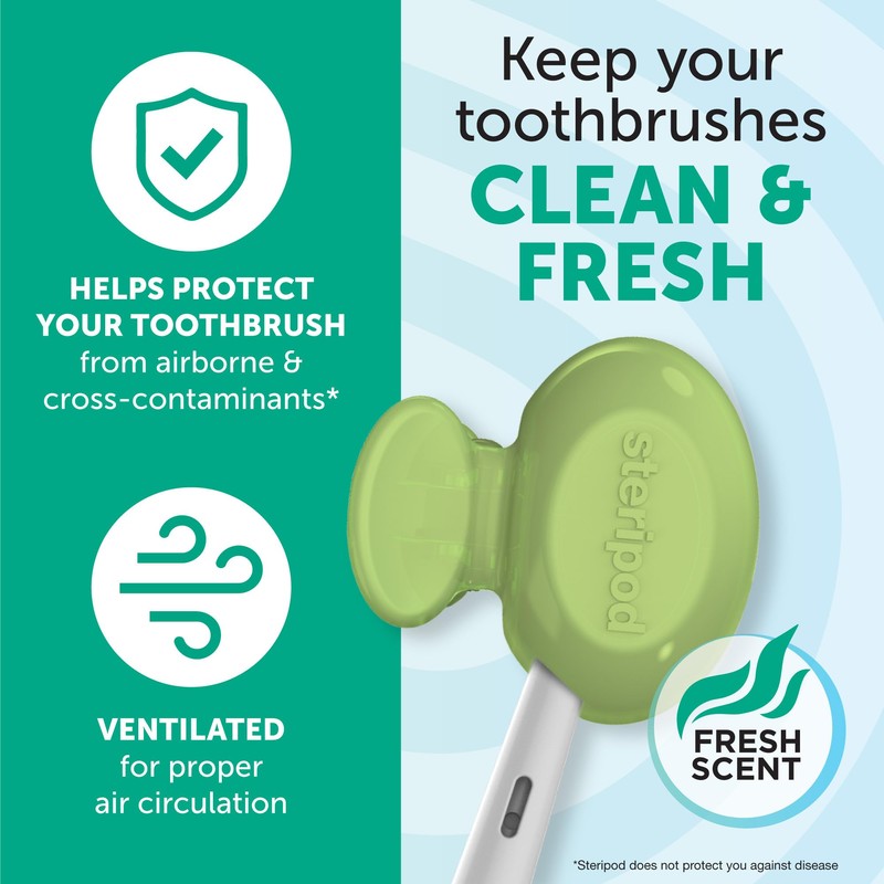 Steripod Clip-on Toothbrush Protector, Green/Silver, 2 Count