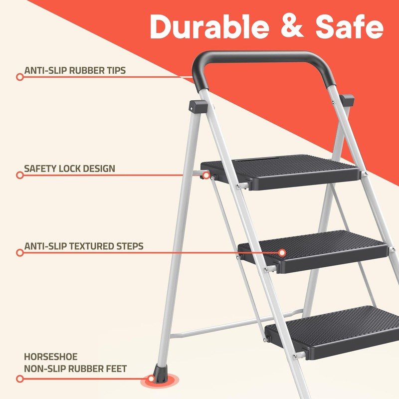 White 3 Step Stool Foldable – Heavy-Duty Foldable Step Stool