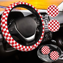 Red and White Checkered Steering Wheel Cover for Women, Universal Auto Steering Wheel 14-15 Inch Car Interior Accessories with 2PCS Car Coasters, Suitable for Men and Women