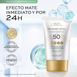 L'BEL - Défense Total Protector Solar Antioleosidad 30ml, Reduce Oleosidad, Protección 50FPS, para Todo Tipo de Piel, Uso Diario, con Ácido Salicílico y Ácido Mandélico, Efecto Mate con Duración 24h