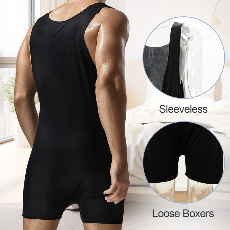 GENEMEN Mens Deep V-neck Leotard Boxers Shapewear Bodysuits (Black, L)