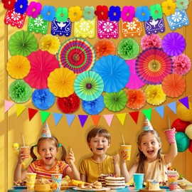 [ 5 Varieties ] Día de Muertos Decorations Fiesta Party Decorations, Multicolor Hanging Paper Fans Pom Poms Fiesta Banner for Day of the Dead Decorations Mexican Themed Party Decorations Taco Tuesday