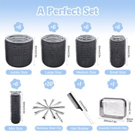 BELICOO 52PCS Hair Rollers with Clips, 5 Sizes(60/48/36/25/15mm) Velcro Rollers for Hair, with 20 Metal Clips, Hair-friendly Rollers for Hair Volume, Perfect for Long Medium Short Thick Hair (Black)