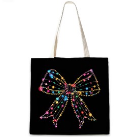 CosxHabitat Coquette Christmas Lights Bow Tote Bag, Glitter Christmas Canvas Tote Bags for Women, Preppy Bow Holiday Xmas Reusable Grocery Shopping Bag