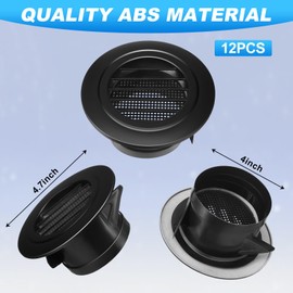 VIHOSE 12 Pcs 4'' ABS Round Vent Cover Plastic Soffit Vents Exhaust Bathroom Vent Cover with Built-in Fly Screen Mesh Air Vent Louver Grille Cover for Bathroom Office Home Kitchen, Black