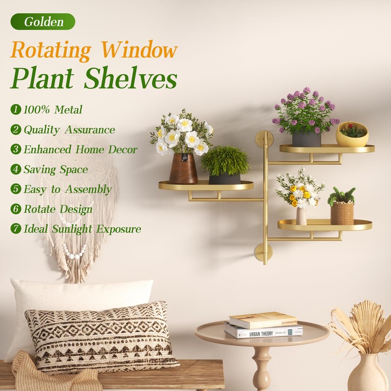 YQSLYSF WIndow Rotating Plant Stand Shelf Indoor Gold Metal Floating