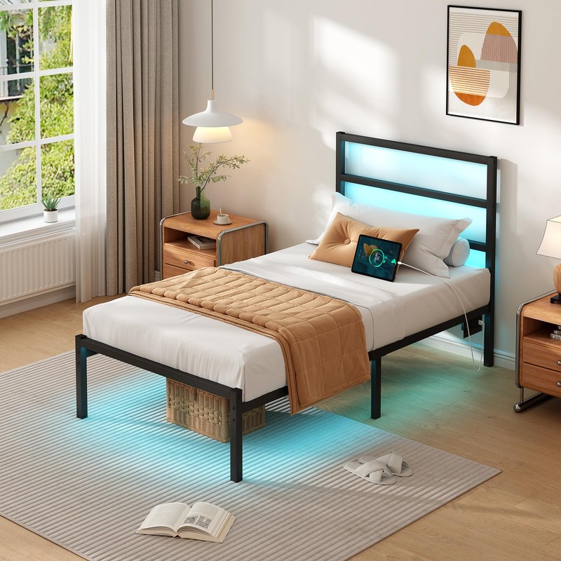 CLIBFENG Twin Bed Frame with Headboard,Heavy Duty Steel Slats Support-LED