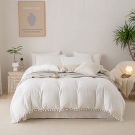 Herside White Beige Duvet Cover Set 135x200cm 2 Pcs Chic Pom Poms Fringed White and Beige Reversible Bedding Set Ultra Soft Microfiber Bedding Double with Zipper Closure,White&Beige,Single