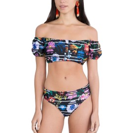 ToBeInStyle Bañador de mujer estilo Bardot con hombros descubiertos, Dos piezas – Floral tropical, XL