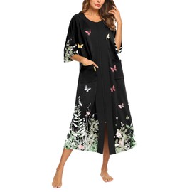 Ekouaer Robe for Women Zipper front Robes 3/4 Sleeve House Dress with Pockets Full Length Nightgown Housecoat,Black Floral,XXXL
