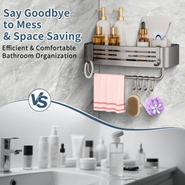 OKEJUNYE Shower Caddy Suction Cup, No Drilling Removable Shower Shelf with Towel Bar & Portable Hooks, Aluminum Rustproof Bath Shower Rack Organizer for Bathroom Storage (Gray)