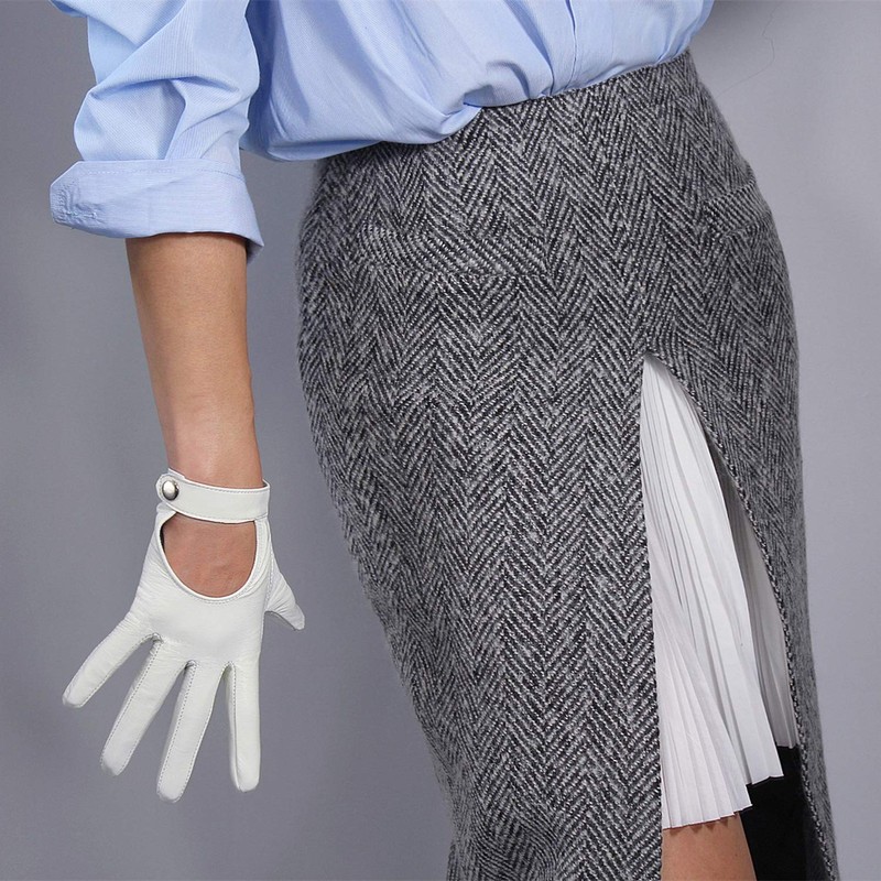 DooWay Women Real Leather Driving Gloves White Open Back Touchscreen