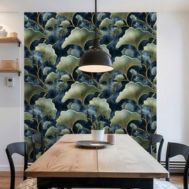 LaiTique Ginkgo Leaves Peel and Stick Wallpaper, Modern Gold and Navy Wallpaper, Self Adhesive Vinyl Wall Paper for DIY Home Decor, 17.7in x 118in