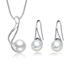 PUPILLEMON 925 Sterling Silver Pearl Necklace and Earring Set, Freshwater Cultured Pearl Necklace, AAA+ Quality Pearl Set, Sterling Silver Pearl Earrings Hypoallergenic Jewelry Set for Women