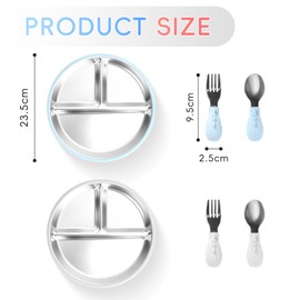 Kaempe Pack of 2 Stainless Steel Baby Plates with Spoon and Forks, Plate with Suction Cup, Children's Plate, Baby Tableware, Plate with Dividers, for Baby LED Weaning (Blue + Grey)