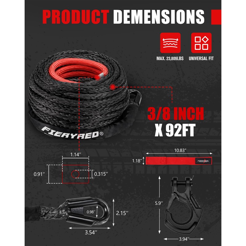 FIERYRED 3/8inch 92FT 23809 LBS Synthetic Winch Rope Cable Kit
