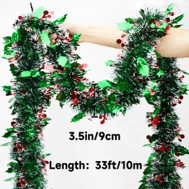 KINGLAKE Christmas Tinsel Garland, 10M x 9CM Green Xmas Shiny Tinsel Garland Decorations with Red Berries, Christmas Metallic Chunky Tinsel Thick for Decorations Xmas Tree, Party, Home
