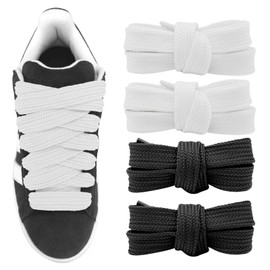 UamGlsob 2 Pairs 3/4''(2cm) Fat Flat Shoe Laces, 39''-63'' Length Flat Thick Wide Shoelaces, Jumbo Shoe Strings Replacement Laces for Skate Shoes (Black+White, 54''/140cm)