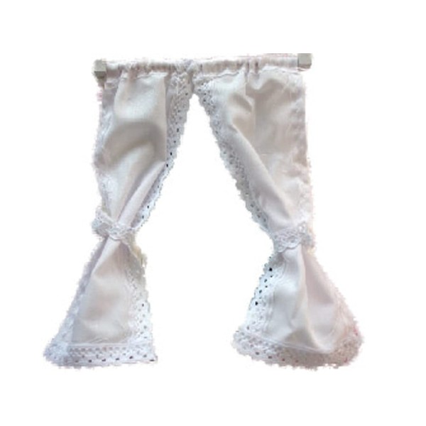 Dollhouse White Curtains on Rail Tied Back Miniature 1:12 Scale