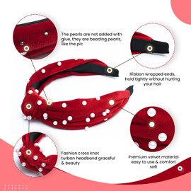 Hifari Knotted Pearl Headband - Pack of 4 Velvet Headbands for Women - Elegant, Beaded Headbands with Pearls for Everyday Use