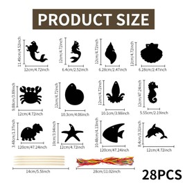 Pack of 12 Scratch Pictures, Scratch Pictures for Children, Scratch Paper, Scratch Picture Set, Magic Rainbow Scratch Art with 12 Colourful Ribbons and 4 Bamboo Pens for Bookmarks, Birthdays, DIY