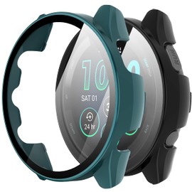 Suoman 2-Pack for Garmin Forerunner 265S Case, High Definition Clear Tempered Glass Screen Protector, Full Coverage Durable PC Hard Protective Cover Bumper (Black+Green)