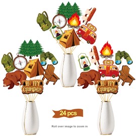 Camping Party Decorations Centerpiece Sticks, 24pcs Camp Theme Table Topper Party Supplies, Happy Camper Birthday Adventure Baby Shower Sign Decor
