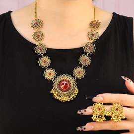Bethynas Indian Jewelry Set for Women Boho Gold Crystal Flower Choker Necklace Retro Dangle Drop Earrings Traditional Bridal Wedding Belly Dance Accessories Set (Red)