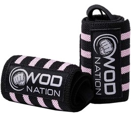 WOD Nation 12 Inch Weightlifting Wrist Wraps, Professional Gym Straps w/Thumb Loop, Support for Men & Women in Strength Training, Powerlifting & Bodybuilding (Black/Pink)