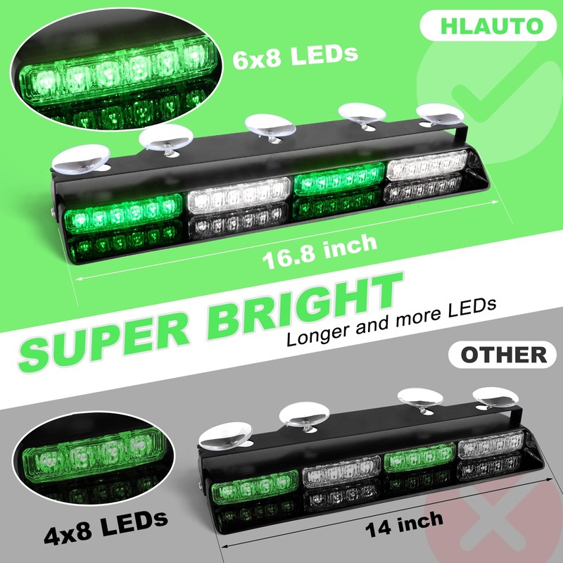 HLauto 604N Emergency Dash Strobe Lights: 2x16.8 inch Green White