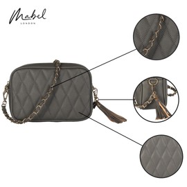 Mabel London Womens Quilted Cross-body Small Bag with Long Metal Embelishment Chain Strap - Tasseled and Trendy - Faye (Design 2 - Olive Green)