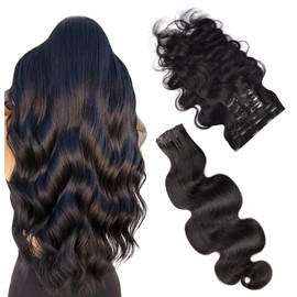 Essent Seamless Body Wave Clip in Hair Extensions Seamless Real Human Hair, 20 Inch 1Pack 130g 7Pcs Human Hair Extensions for Women Natural Black