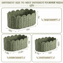 Newtay Scalloped Baskets Set of 3 for Organizing Sage Green Paper Rope Storage Baskets Shelves Handwoven Decorative Woven Bins for Shelves Closet Bathroom Living Room Nursery Bedroom