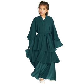 OBEEII Muslim Cardigan for Girls Solid Color Prayer Dress Islamic Dubai Abaya Clothing Casual Ramadan Party Long Sleeve Cardigan Muslim Robe with Hijab Grün 9-10 Years