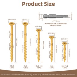 Wokape 61pcs Wood Screws Assortment Kit, #8 x 1-1/2#8x2#9x2-1/2#9x3#10x3 In T25 Torx/Star Drive Deck Screws Flat Head Decking Screws Tan Heavy-Duty Outdoor Deck Long Screw Set