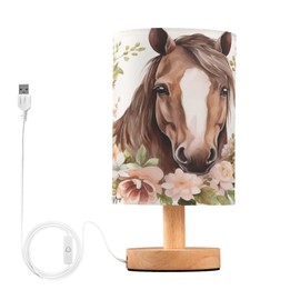 ALAZA Horse Flower Watercolor Lamp for Girls Boys Bedroom Bedside Table Lamp with USB Port LED Kids Nightstand Lamp Wood Base Desk Living Room Decor