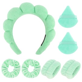 Araluky 7Pc Puffy Terry Cloth Spa Headband and Wristband Set for Skincare, Washing Face, Scrunchies, Powder Puffs, Sponge, Makeup, Removal-Green