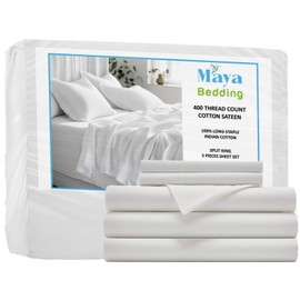 Maya Bedding Split King 100% Cotton Bedsheet Set (5Pcs) -Bright White- 400 Thread Count Sateen Weave, Snug Bottom Deep Pocket Fitted Sheet, Fade Resistant & Envelope Closure Pillowcases