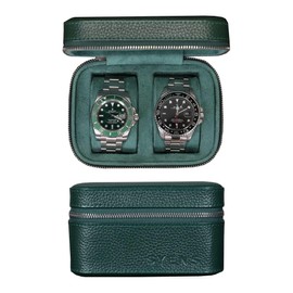 2 Watch Travel box Real Top-grain Leather Two Watch Roll Case for Man and Women Watch Packing Box Storage Organizer with Suede to Protection Zipper Fit All Watches Up to 60mm (2W-Z-GR)