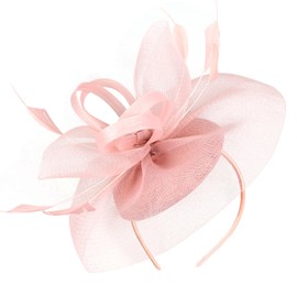 MS.ING Women's Derby Fascinators Tea Party Hat Mesh Floral Feather Hair Clip Headwear for Wedding Cocktail (Blush Pink)