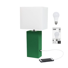 Elegant Designs LT1053-GRN-LB Modern Leather Wrapped Table Lamp with USB Port for Living Room, Hallway, Entryway, Bedroom, Office, Green, with Feit LED Bulb Included